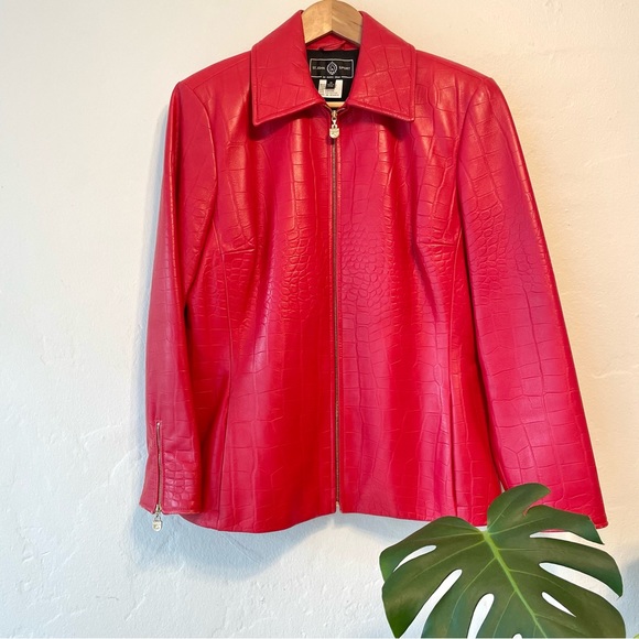 St. John Sport by Marie Gray Red Leather Jacket, Sz M - Picture 1 of 15